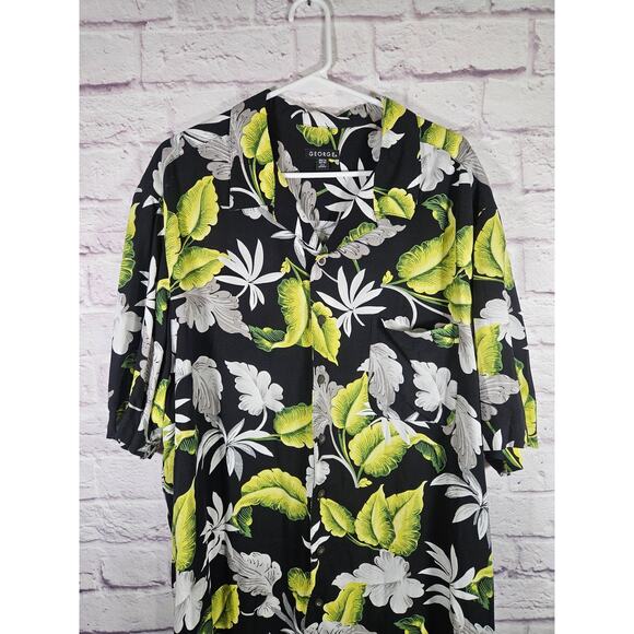 GEORGE 90s Green Black Hibiscus Hawaiian Floral Button Down Men's Shirt 2XL - Picture 2 of 6